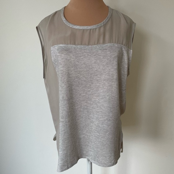 Helmut Lang Dash Silk-Chiffon Combo Gray Round Neck Semi Sheer Blouse Size Small - Picture 2 of 8